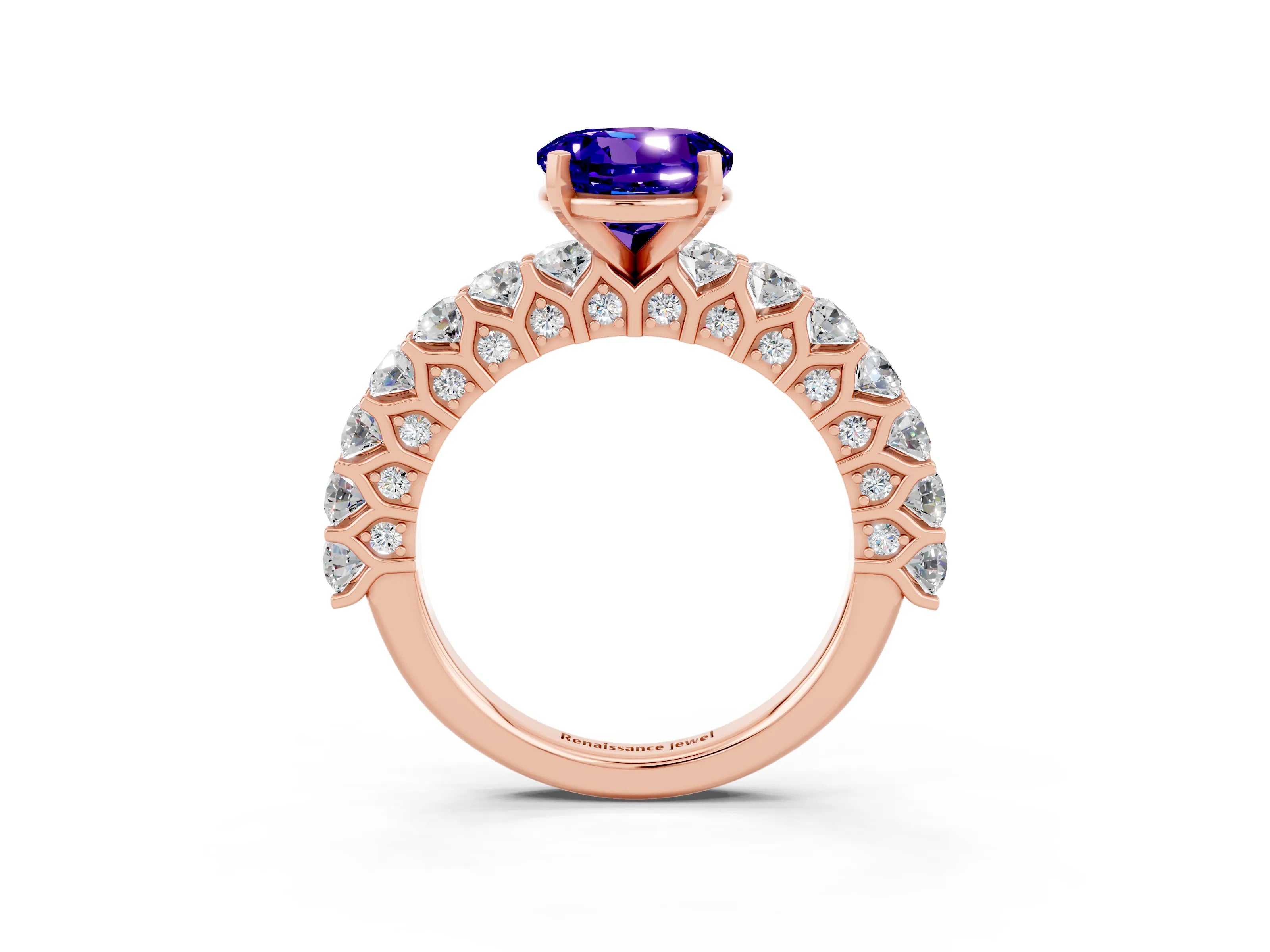 Rose gold Round Cut Tanzanite Solitaire Ring with Shared Prong Pavé Band and Four-Prong Setting_3