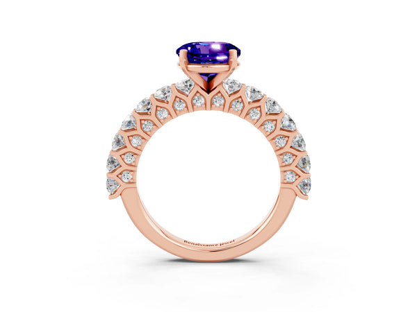Rose gold Round Cut Tanzanite Solitaire Ring with Shared Prong Pavé Band and Four-Prong Setting