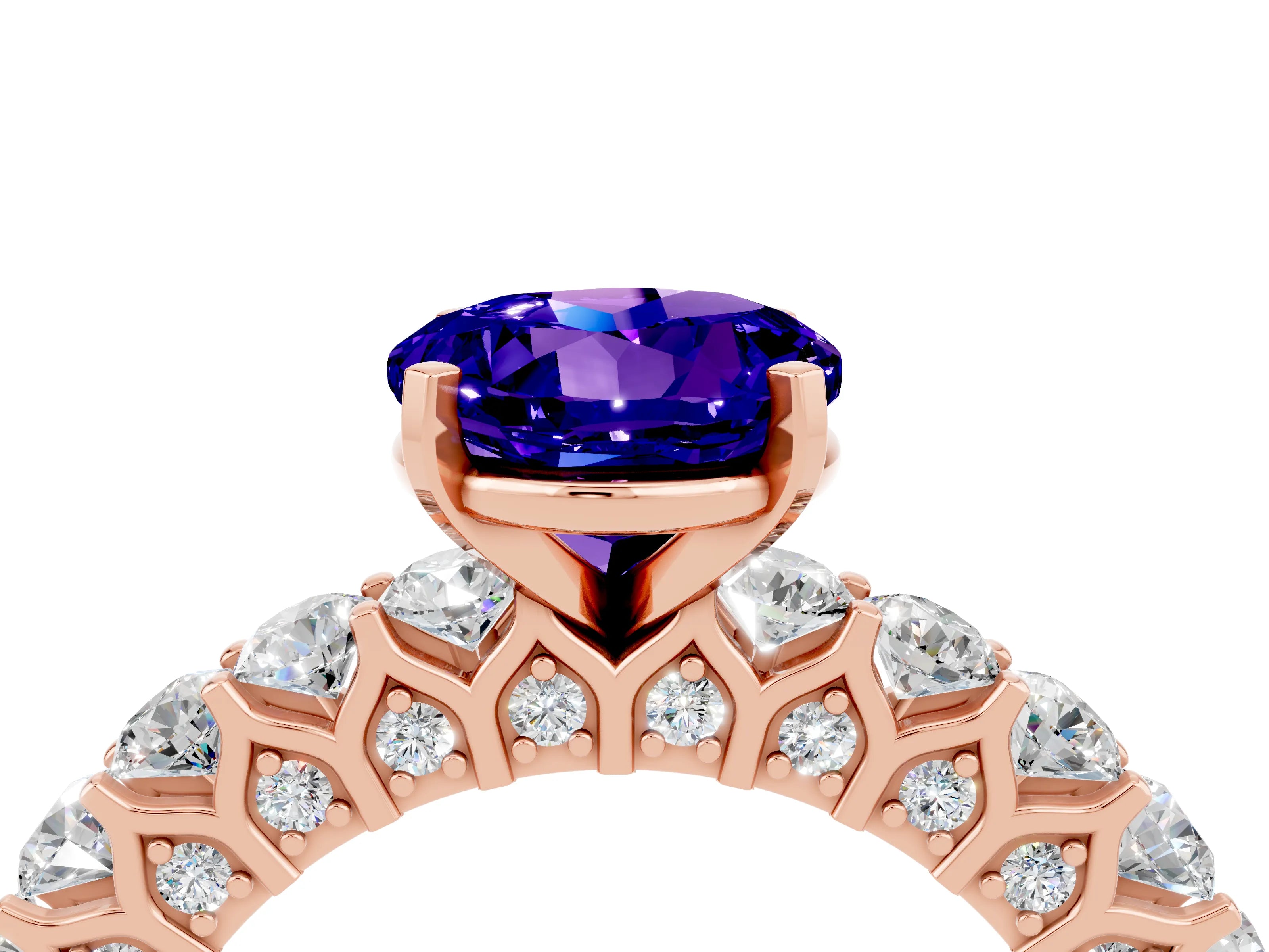 Rose gold Round Cut Tanzanite Solitaire Ring with Shared Prong Pavé Band and Four-Prong Setting_4