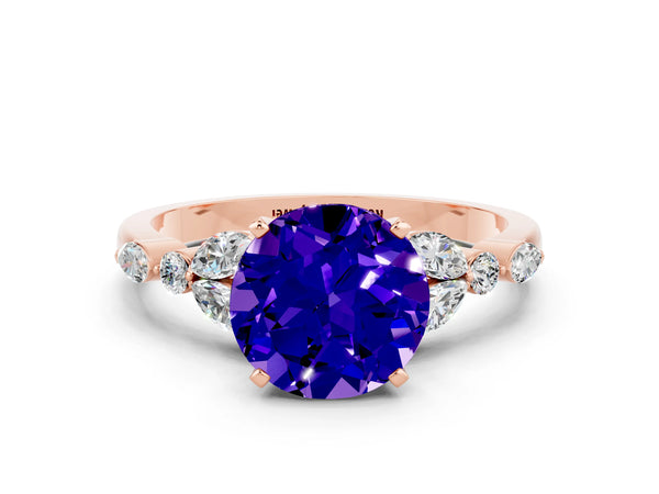 Rose gold Round Cut Tanzanite Solitaire Ring with Side Stones and Four-Prong Setting