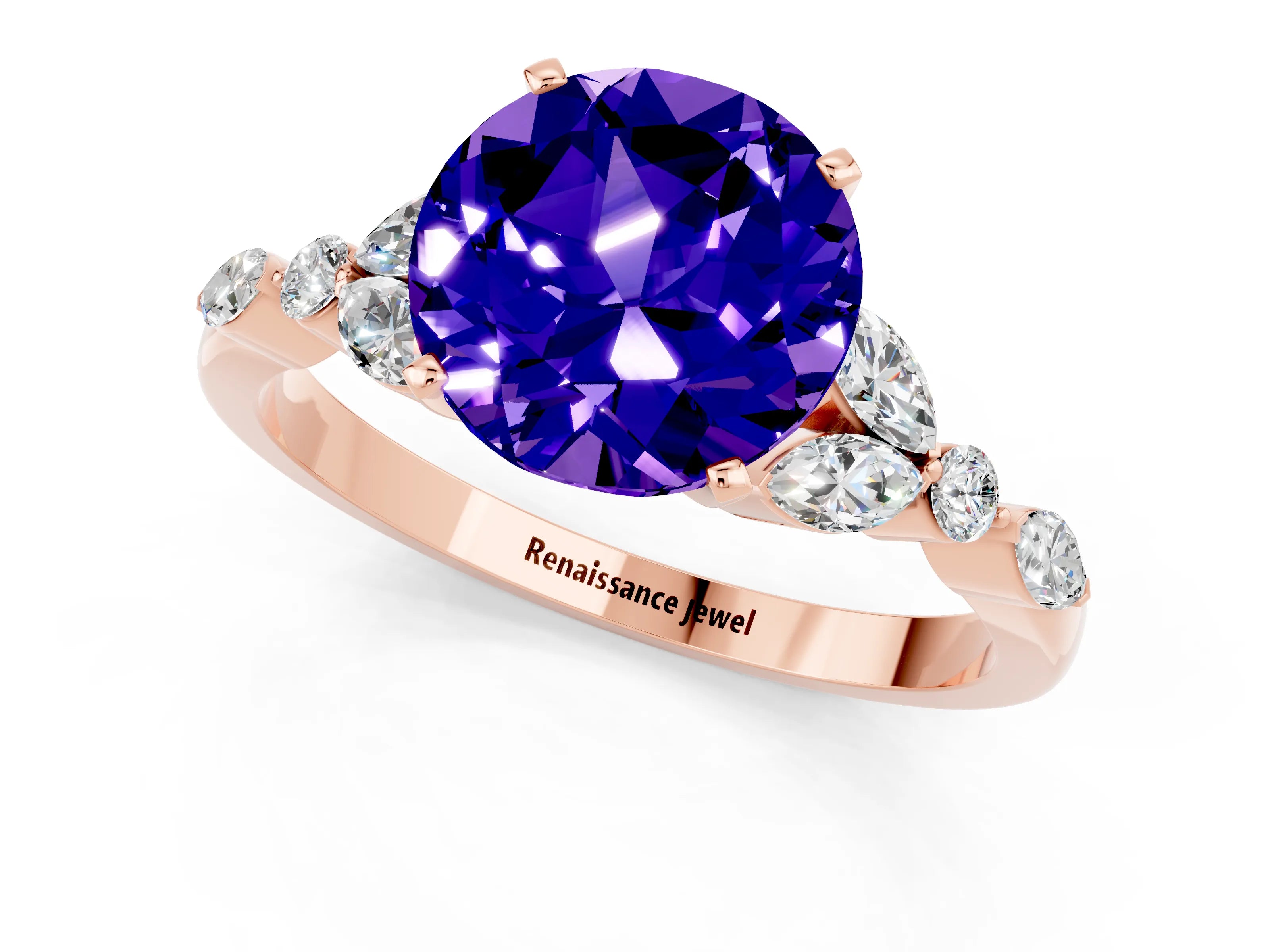 Rose gold Round Cut Tanzanite Solitaire Ring with Side Stones and Four-Prong Setting_13