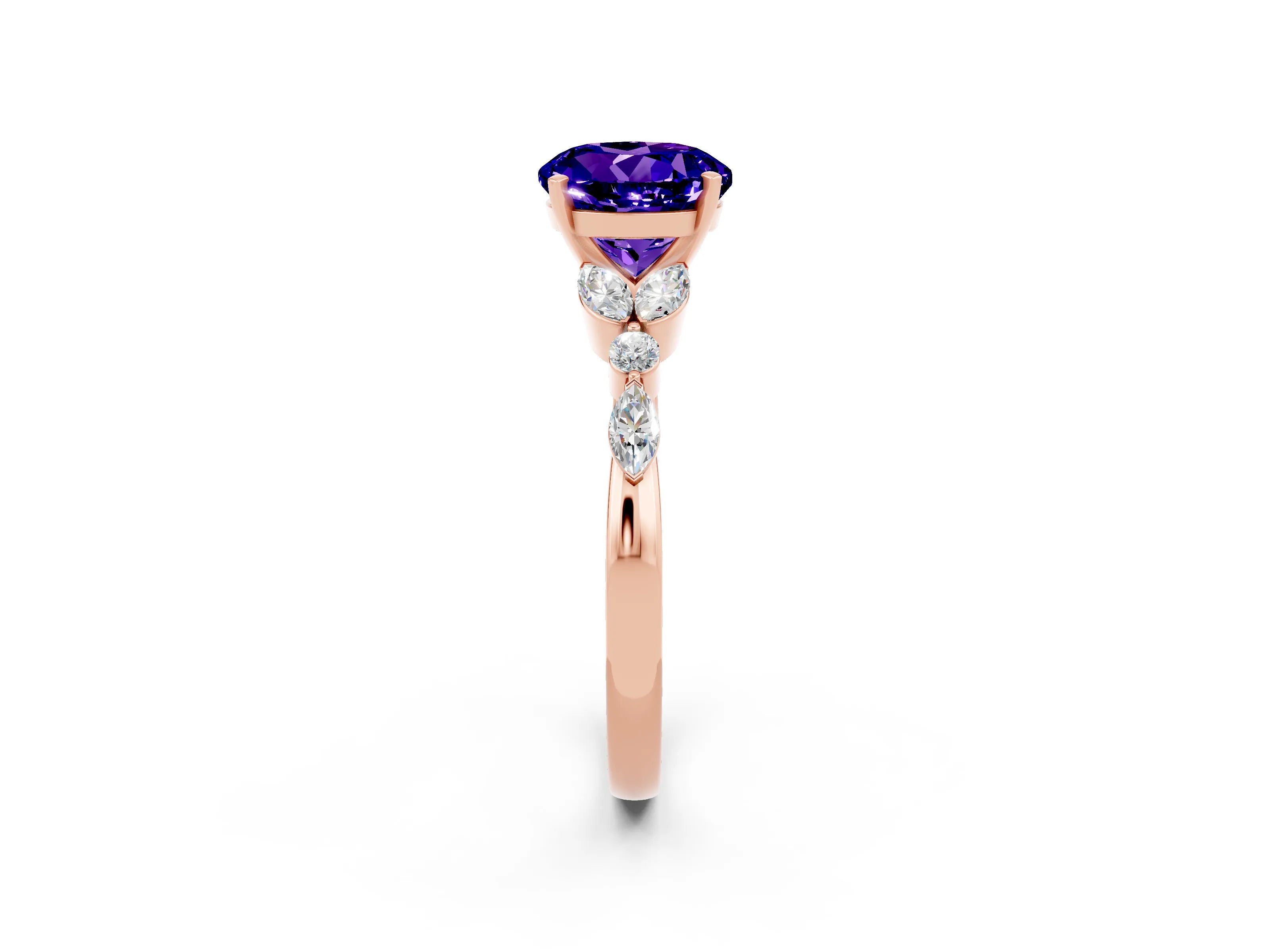 Rose gold Round Cut Tanzanite Solitaire Ring with Side Stones and Four-Prong Setting_14