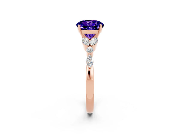 Rose gold Round Cut Tanzanite Solitaire Ring with Side Stones and Four-Prong Setting