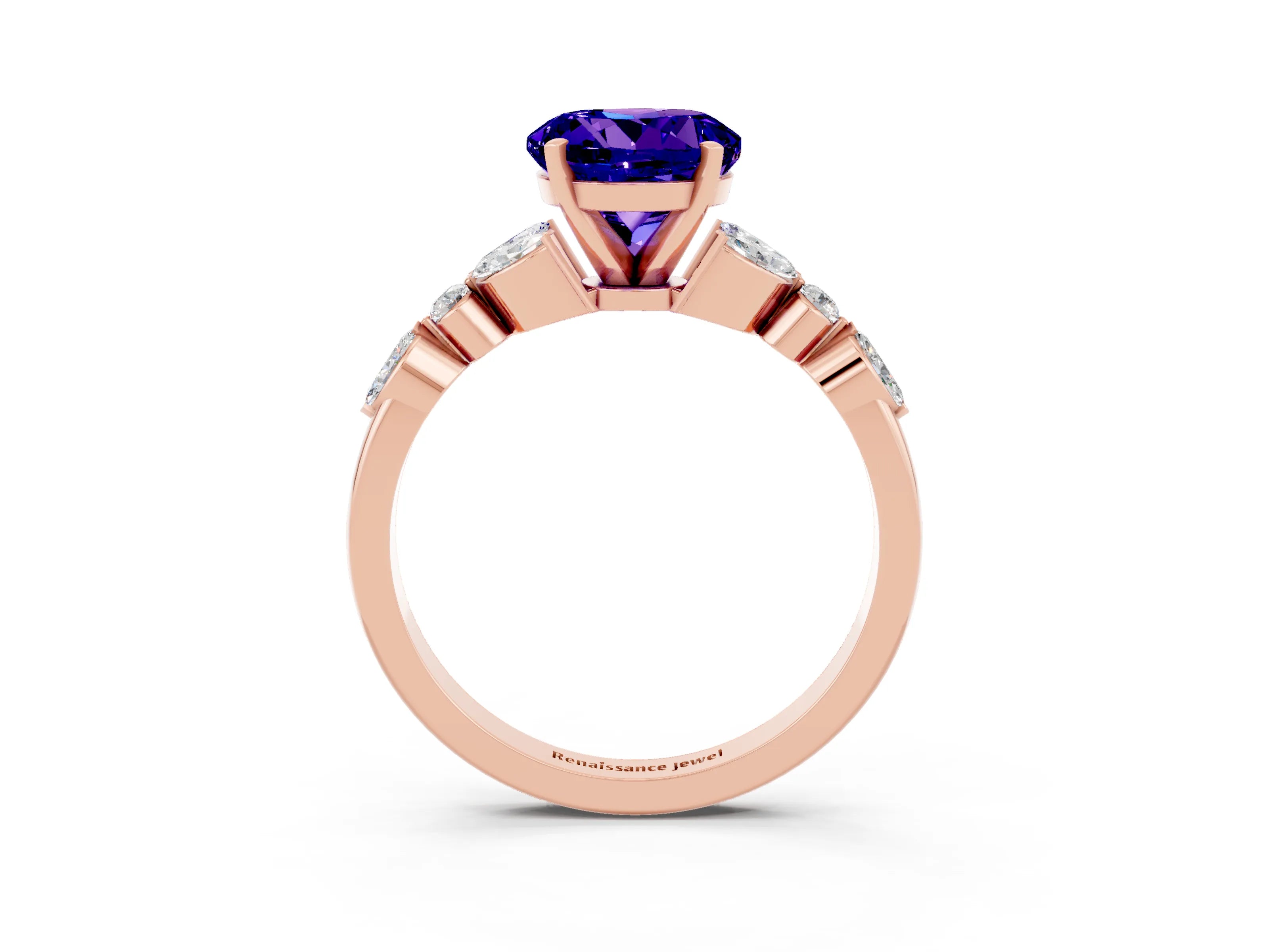 Rose gold Round Cut Tanzanite Solitaire Ring with Side Stones and Four-Prong Setting_15