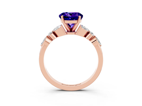 Rose gold Round Cut Tanzanite Solitaire Ring with Side Stones and Four-Prong Setting