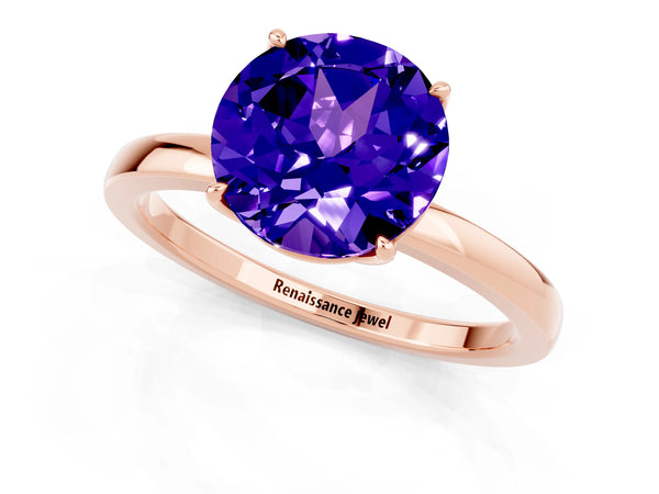 Rose gold Round Cut Tanzanite Solitaire Ring with Thin Band and Prong Setting