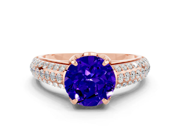 Rose gold Round Cut Tanzanite Solitaire Ring with Three-Row Pavé Band and Four-Prong Setting