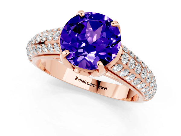 Rose gold Round Cut Tanzanite Solitaire Ring with Three-Row Pavé Band and Four-Prong Setting