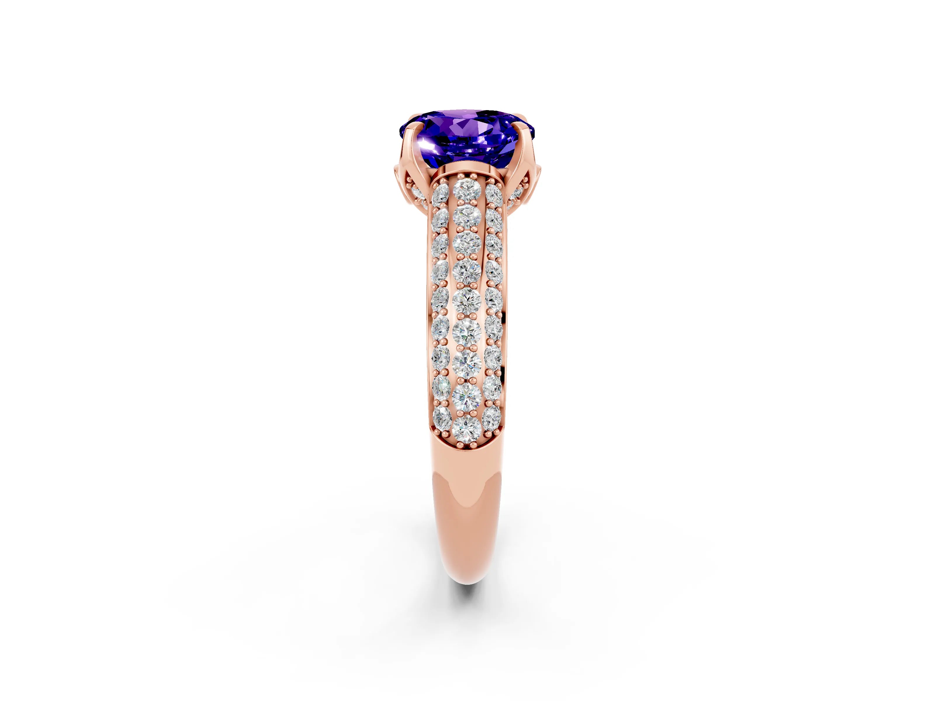 Rose gold Round Cut Tanzanite Solitaire Ring with Three-Row Pavé Band and Four-Prong Setting_14