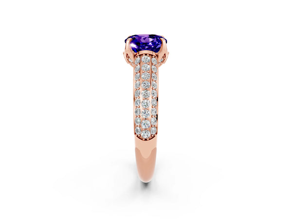 Rose gold Round Cut Tanzanite Solitaire Ring with Three-Row Pavé Band and Four-Prong Setting