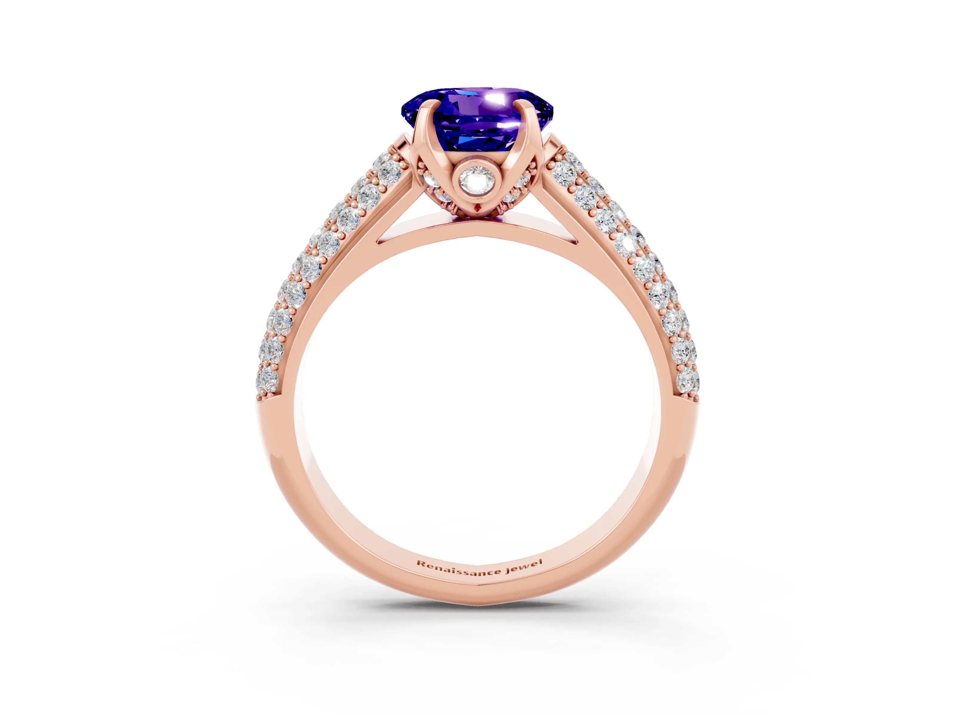 Rose gold Round Cut Tanzanite Solitaire Ring with Three-Row Pavé Band and Four-Prong Setting_15
