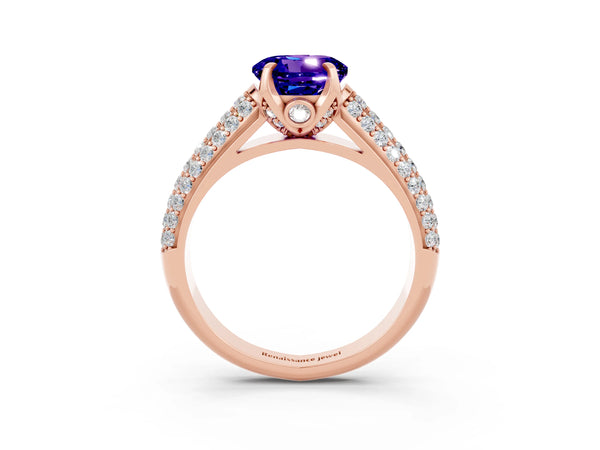 Rose gold Round Cut Tanzanite Solitaire Ring with Three-Row Pavé Band and Four-Prong Setting