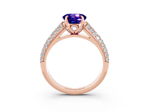 Rose gold Round Cut Tanzanite Solitaire Ring with Three-Row Pavé Band and Four-Prong Setting_15