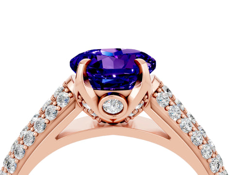 Rose gold Round Cut Tanzanite Solitaire Ring with Three-Row Pavé Band and Four-Prong Setting_16