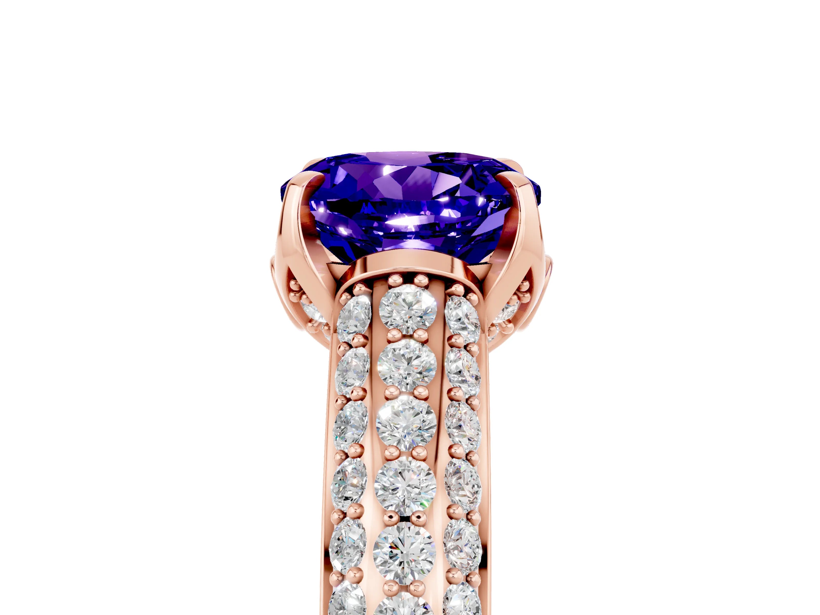 Rose gold Round Cut Tanzanite Solitaire Ring with Three-Row Pavé Band and Four-Prong Setting_17