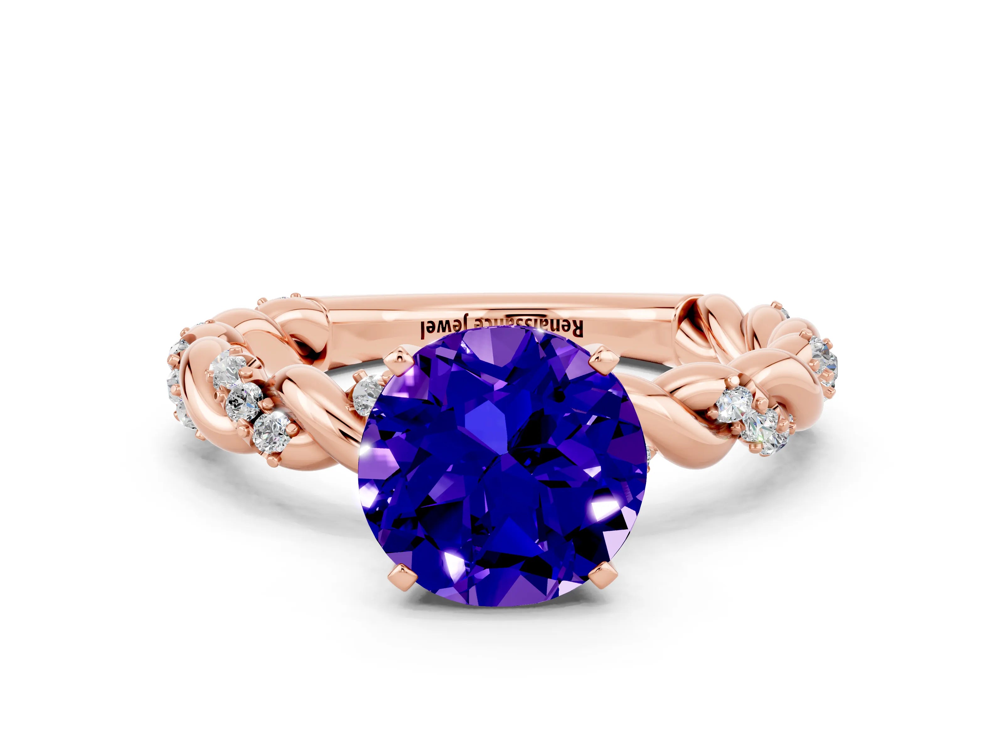 Rose gold Round Cut Tanzanite Solitaire Ring with Twisted Band and Pavé Accents