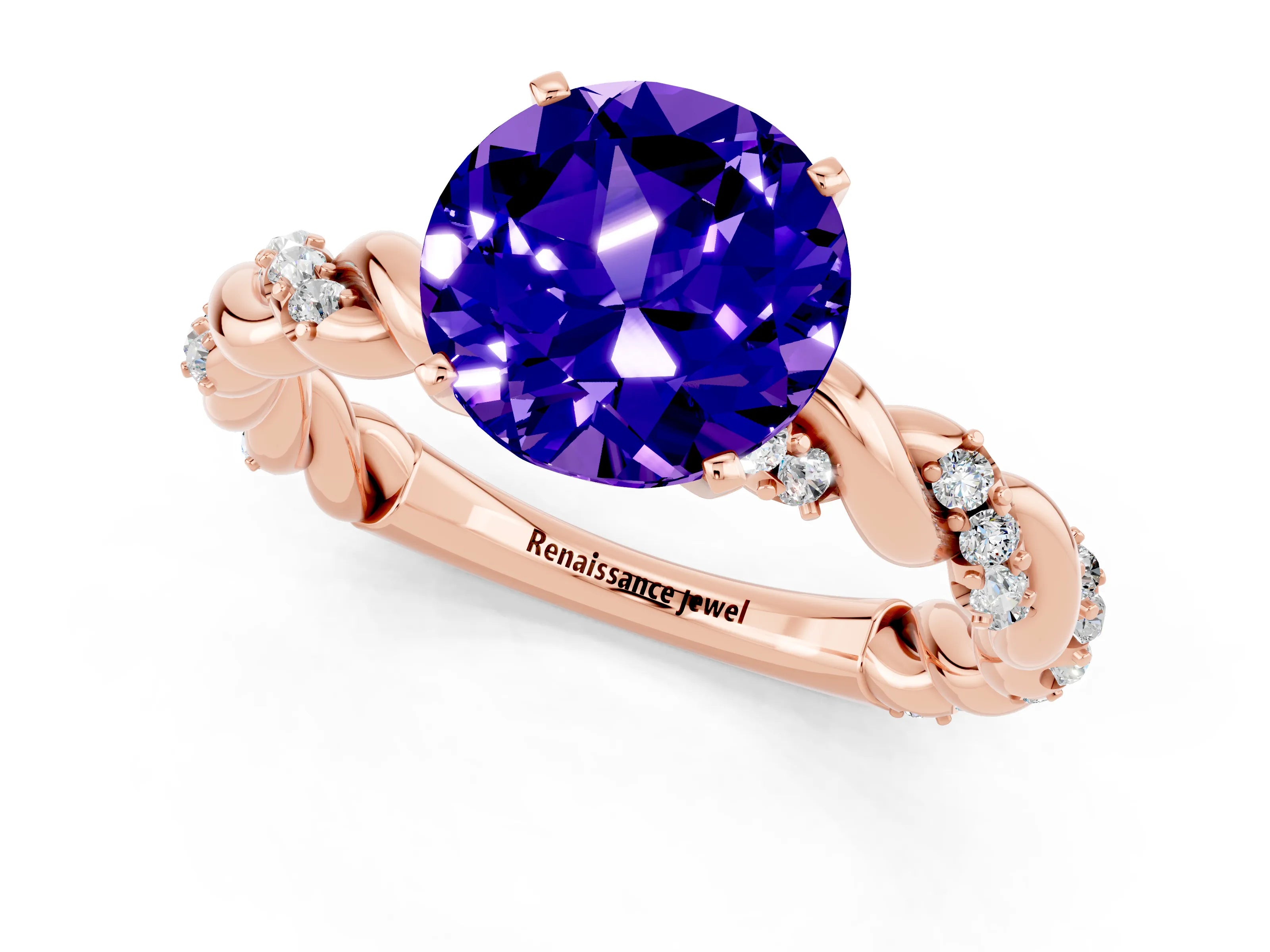 Rose gold Round Cut Tanzanite Solitaire Ring with Twisted Band and Pavé Accents_1