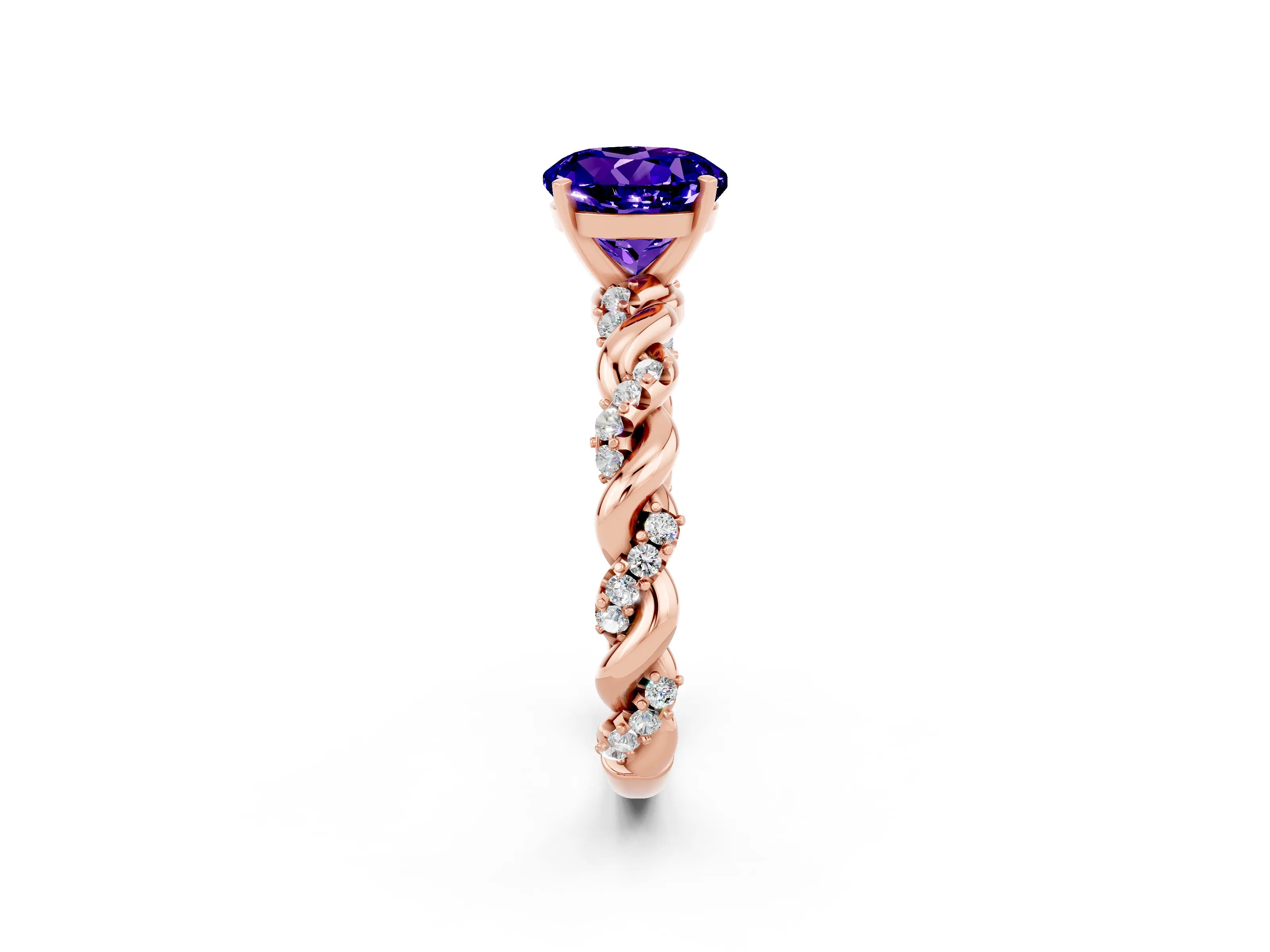 Rose gold Round Cut Tanzanite Solitaire Ring with Twisted Band and Pavé Accents_2