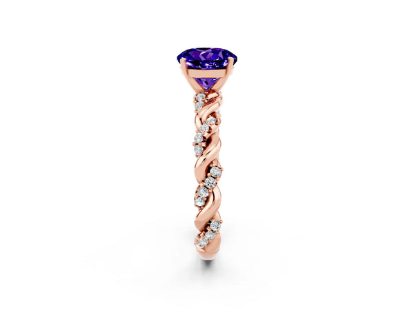 Rose gold Round Cut Tanzanite Solitaire Ring with Twisted Band and Pavé Accents