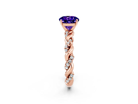 Rose gold Round Cut Tanzanite Solitaire Ring with Twisted Band and Pavé Accents_2