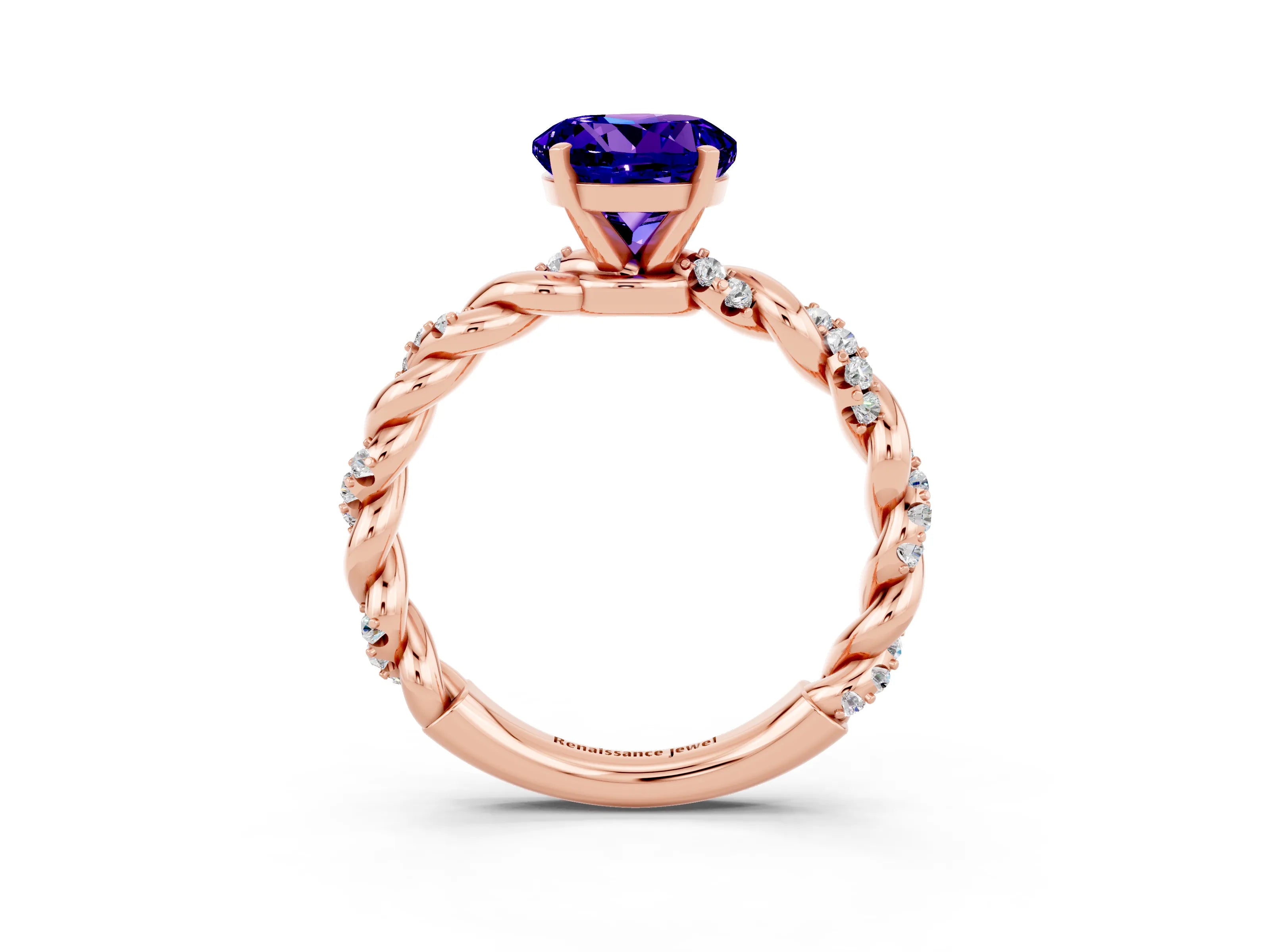 Rose gold Round Cut Tanzanite Solitaire Ring with Twisted Band and Pavé Accents_3
