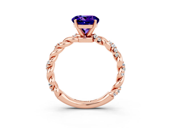 Rose gold Round Cut Tanzanite Solitaire Ring with Twisted Band and Pavé Accents
