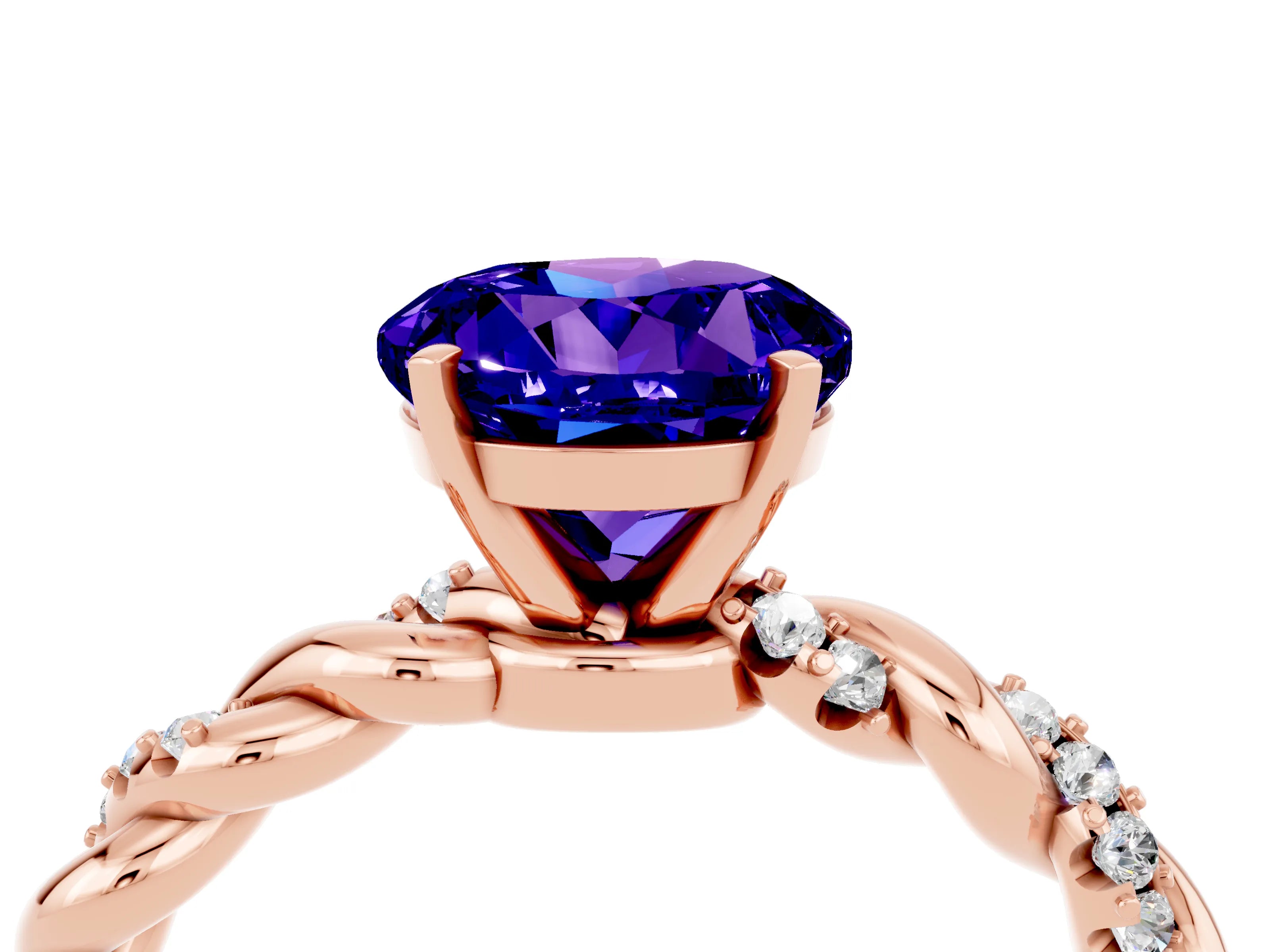Rose gold Round Cut Tanzanite Solitaire Ring with Twisted Band and Pavé Accents_4