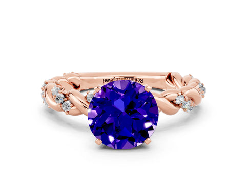 Rose gold Round Cut Tanzanite Solitaire Ring with Twisted Band and Pavé Accents