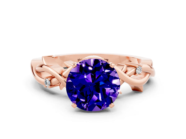 Rose gold Round Cut Tanzanite Solitaire Ring with Twisted Band and Prong Setting