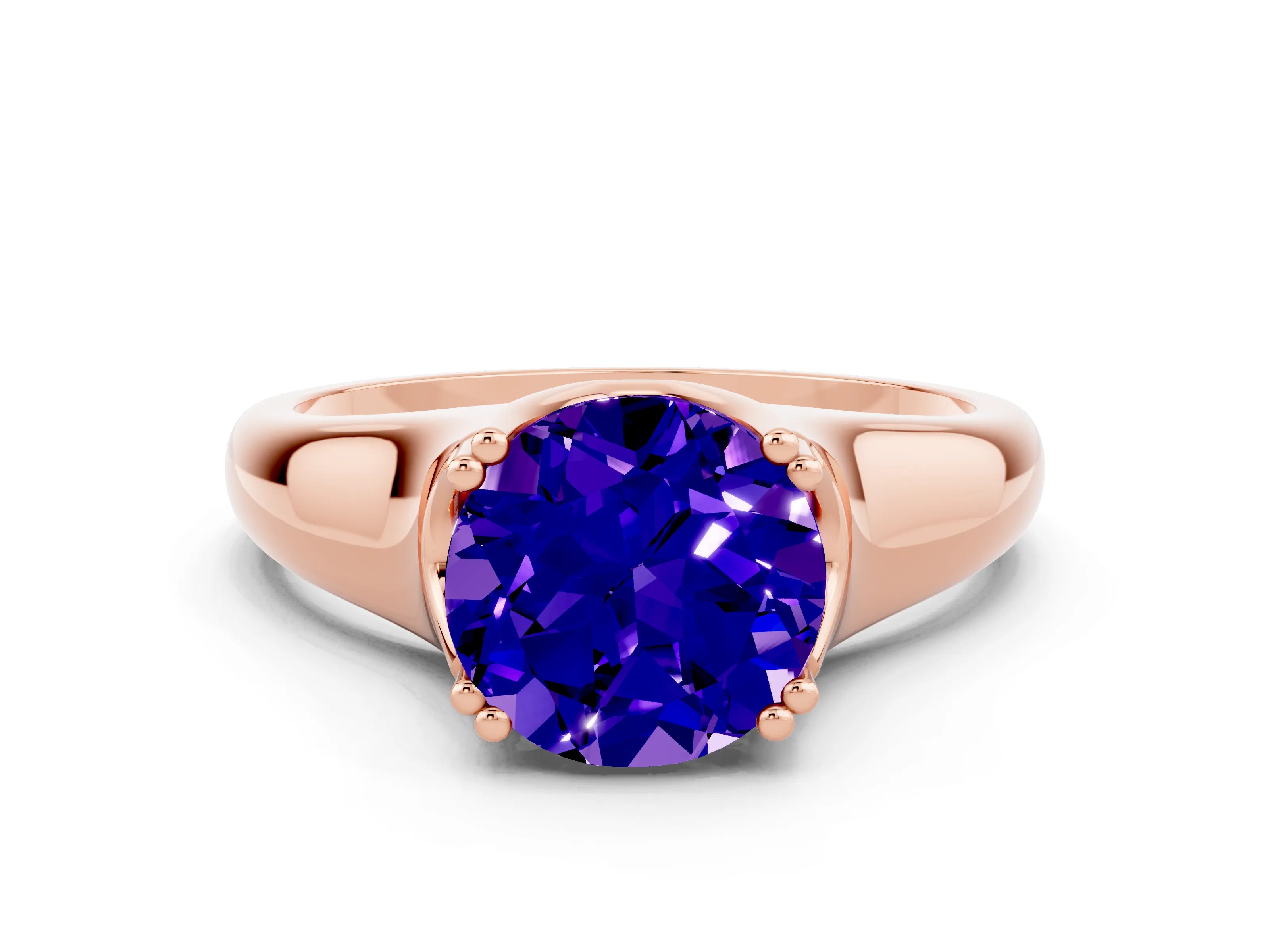 Rose gold Round Cut Tanzanite Solitaire Ring with Wide Band and Prong Setting