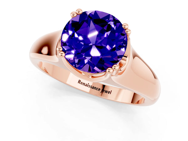 Rose gold Round Cut Tanzanite Solitaire Ring with Wide Band and Prong Setting