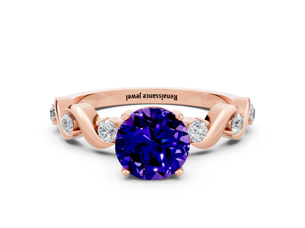 Rose gold Round Cut Tanzanite Solitaire Twisted Band with Round  Accents and Prong Setting