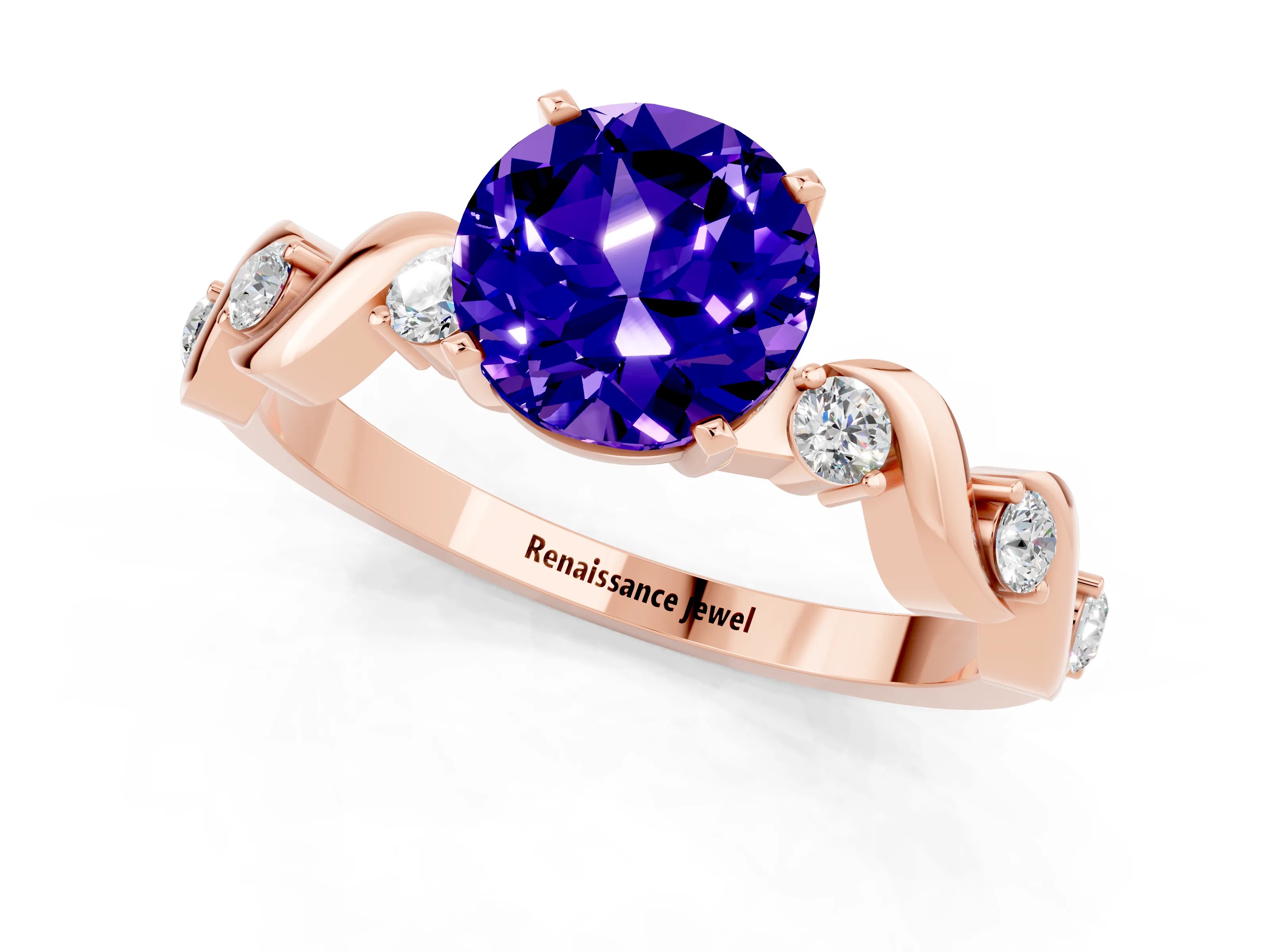 Rose gold Round Cut Tanzanite Solitaire Twisted Band with Round  Accents and Prong Setting_13