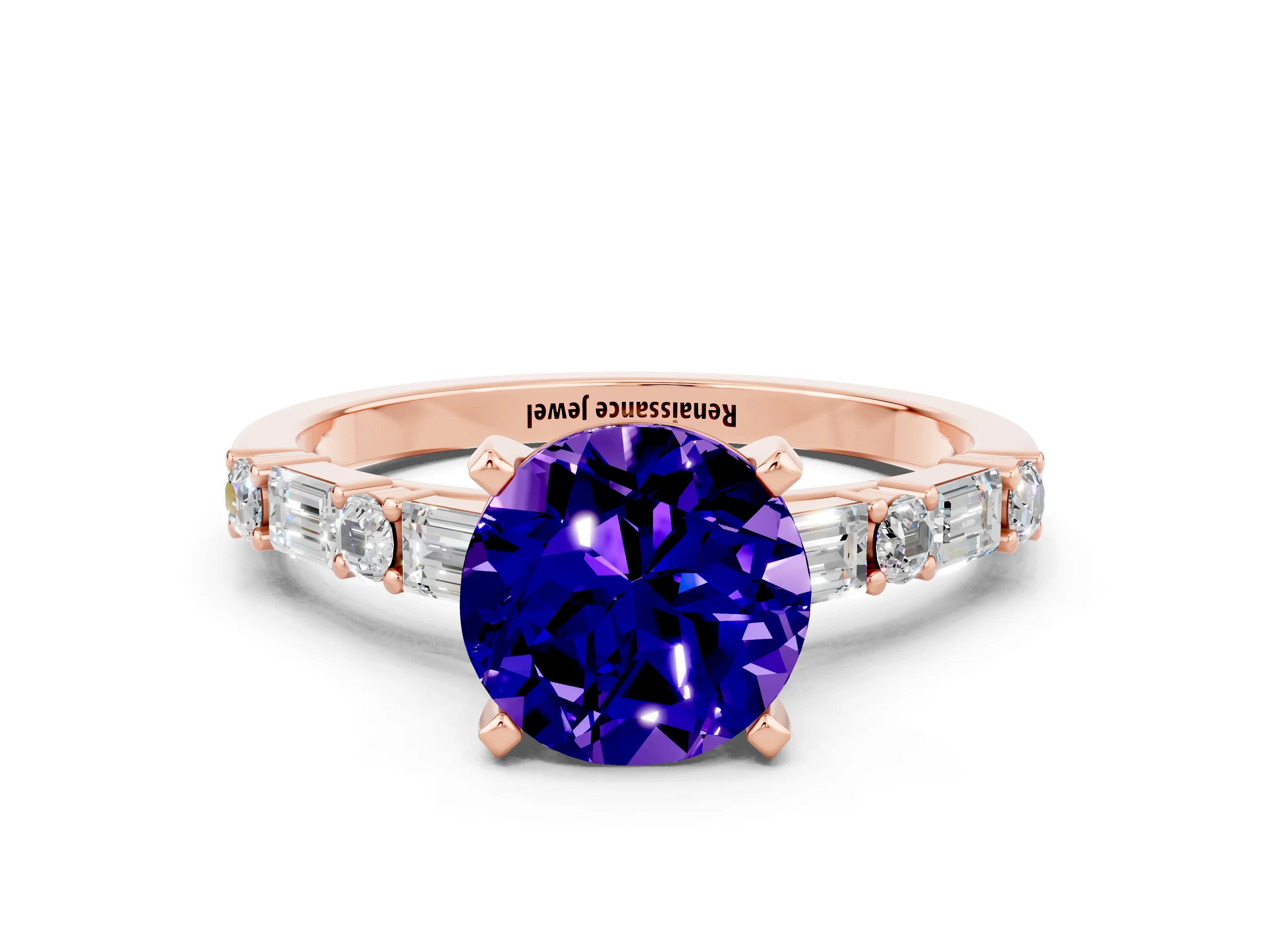 Rose gold Round Cut Tanzanite Solitaire with Side Baguettes and Channel Set Band