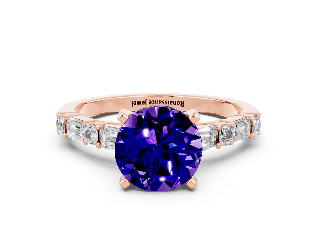 Rose gold Round Cut Tanzanite Solitaire with Side Baguettes and Channel Set Band