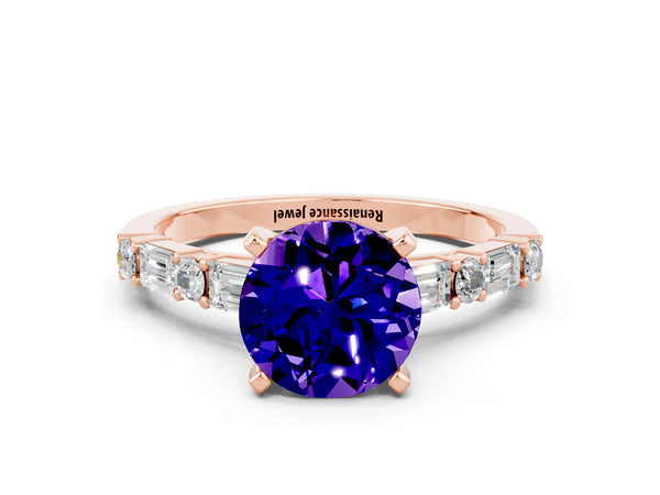 Rose gold Round Cut Tanzanite Solitaire with Side Baguettes and Channel Set Band