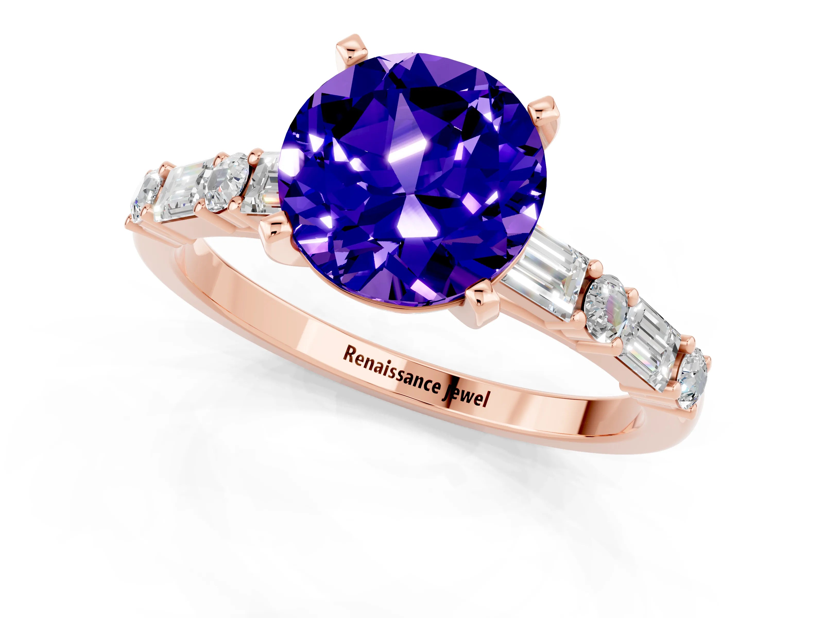 Rose gold Round Cut Tanzanite Solitaire with Side Baguettes and Channel Set Band_1