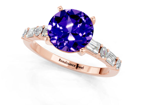 Rose gold Round Cut Tanzanite Solitaire with Side Baguettes and Channel Set Band_1
