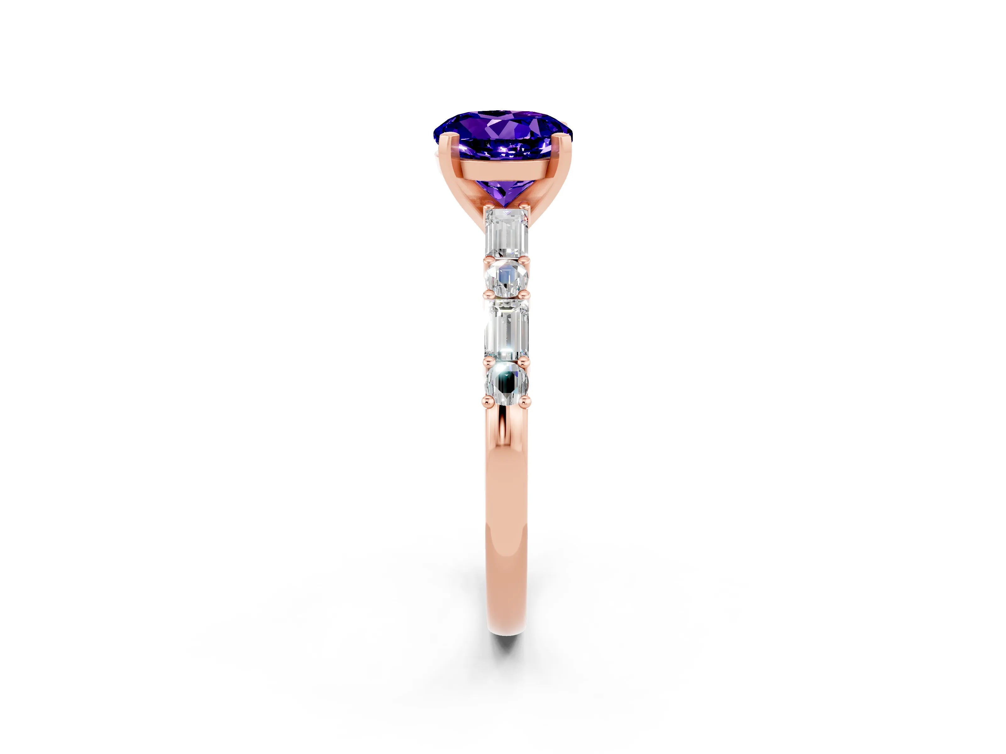 Rose gold Round Cut Tanzanite Solitaire with Side Baguettes and Channel Set Band_2