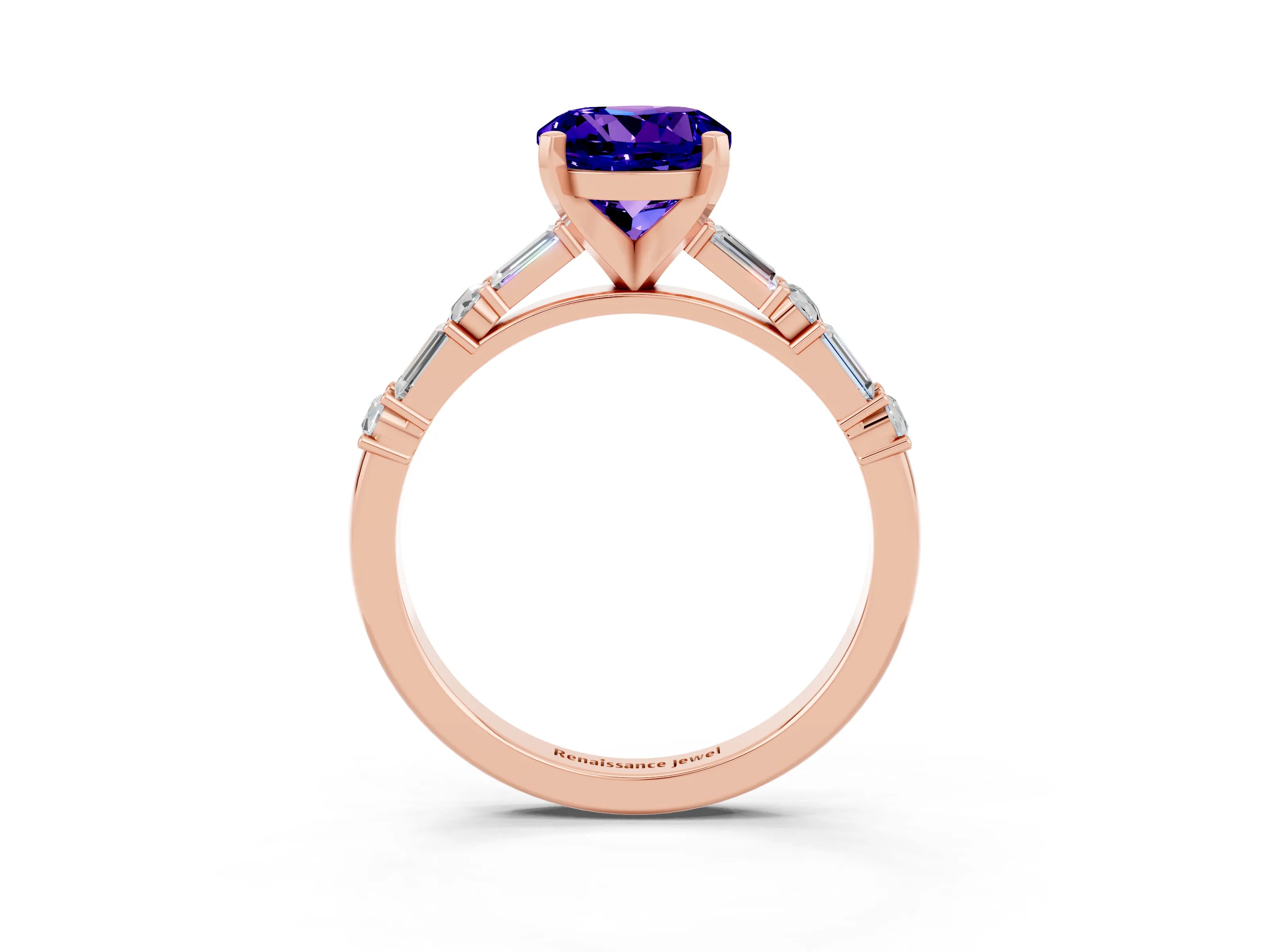 Rose gold Round Cut Tanzanite Solitaire with Side Baguettes and Channel Set Band_3