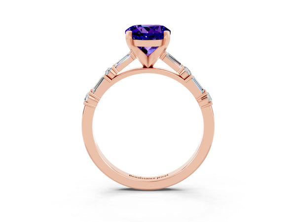 Rose gold Round Cut Tanzanite Solitaire with Side Baguettes and Channel Set Band