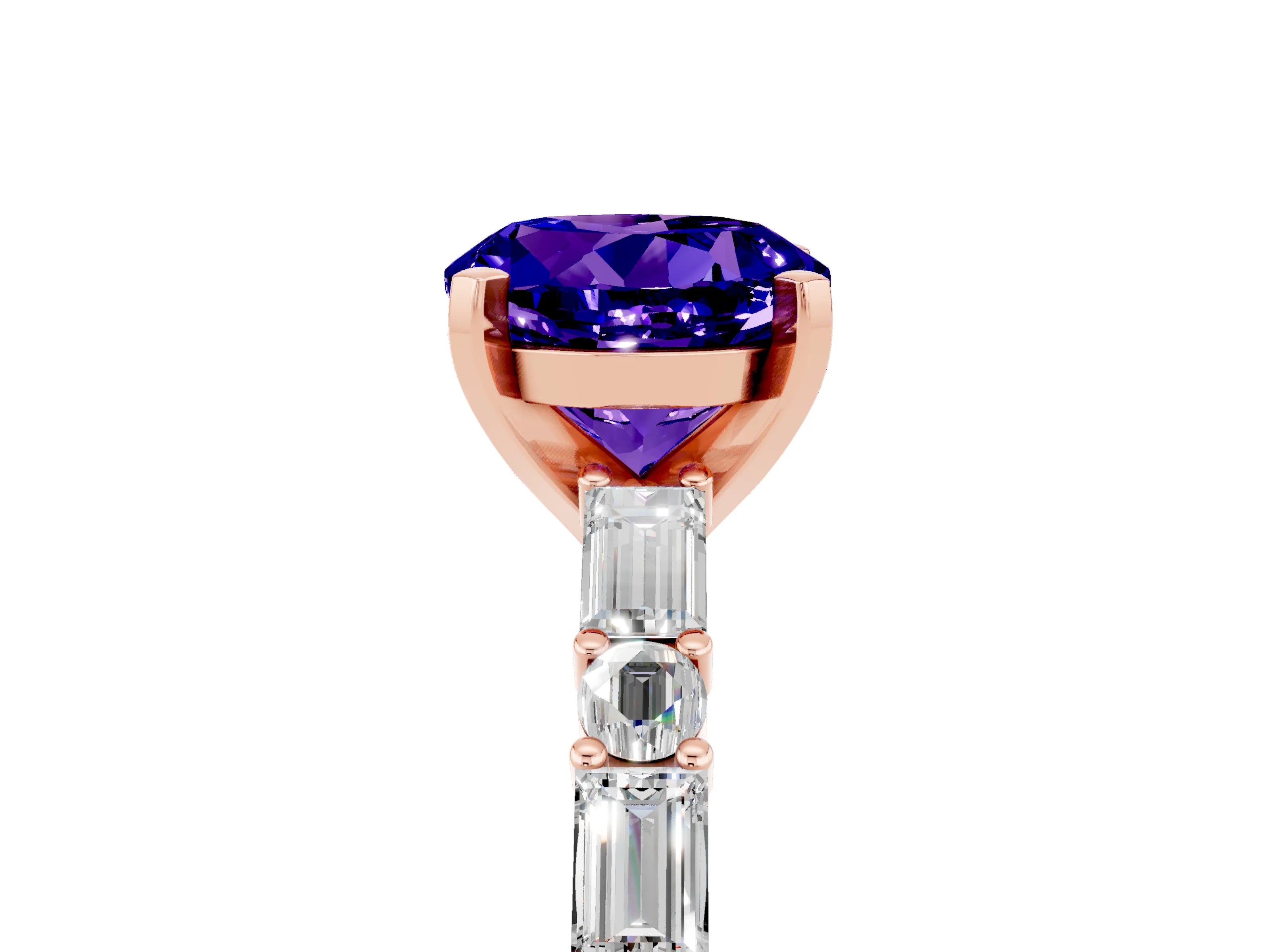 Rose gold Round Cut Tanzanite Solitaire with Side Baguettes and Channel Set Band_5