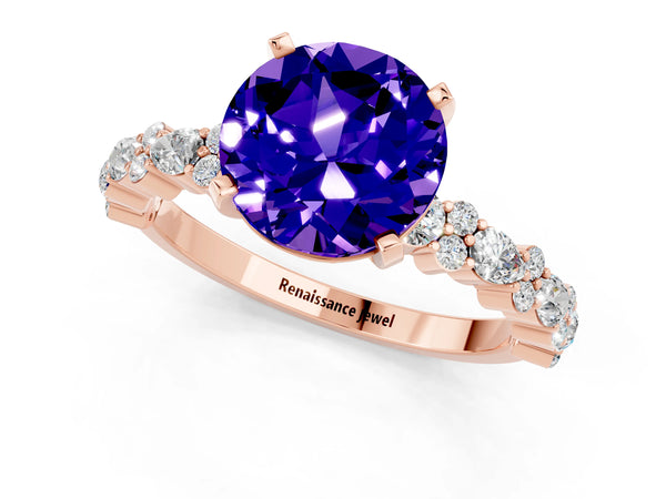 Rose gold Round Cut Tanzanite Side Stone Solitaire Ring with Round  and Four-Prong Setting