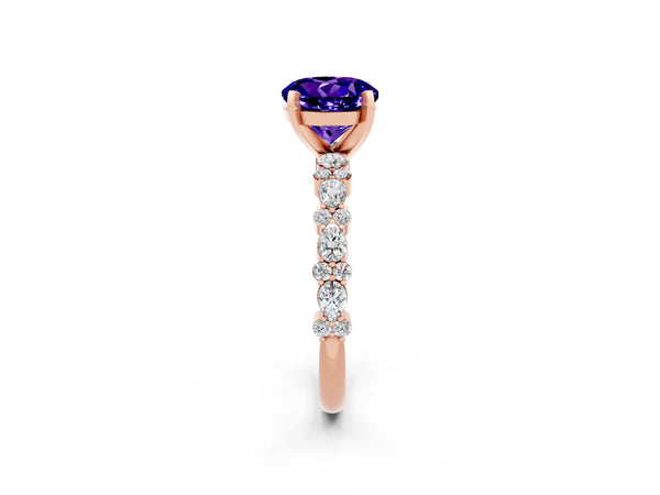 Rose gold Round Cut Tanzanite Side Stone Solitaire Ring with Round  and Four-Prong Setting
