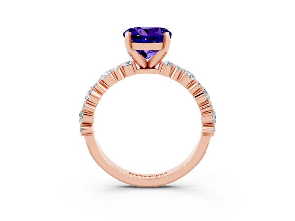 Rose gold Round Cut Tanzanite Side Stone Solitaire Ring with Round  and Four-Prong Setting