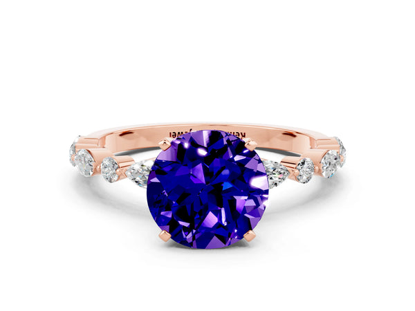Rose gold Round Cut Tanzanite Ring with Marquise and Round  Side Stones and Four-Prong Setting