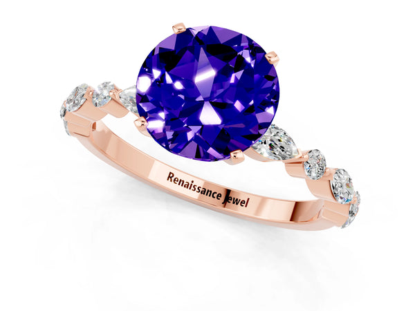 Rose gold Round Cut Tanzanite Ring with Marquise and Round  Side Stones and Four-Prong Setting