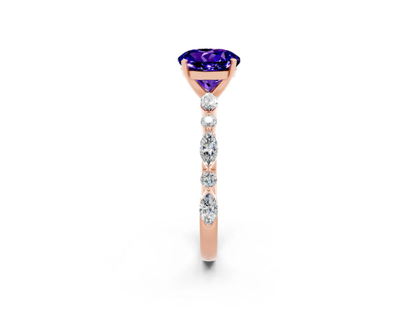 Rose gold Round Cut Tanzanite Ring with Marquise and Round  Side Stones and Four-Prong Setting
