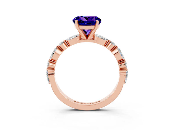Rose gold Round Cut Tanzanite Ring with Marquise and Round  Side Stones and Four-Prong Setting