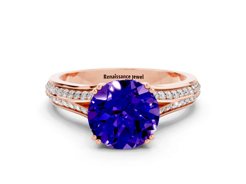 Rose gold Round Cut Tanzanite Split Shank Engagement Ring with Pavé Band
